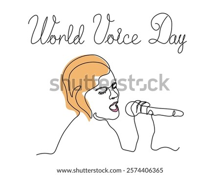 World voice day. abstract Girl Singing with Microphone with Closed Eyes , logo,continuous one single line art hand drawing sketch