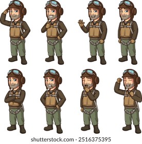 Personagem piloto de caça da Segunda Guerra Mundial. Ilustrações de desenhos animados vetoriais agrupadas com cada imagem em uma camada separada.