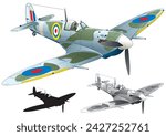 World war 2 single engine propeller fighter Supermarine Spitfire, vector illustration (monotone, black silhouette set)