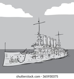World war 2 US BattleCruiser. Hand drawn vector illustration.