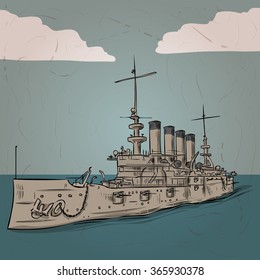 World war 2 US BattleCruiser. Hand drawn vector illustration.