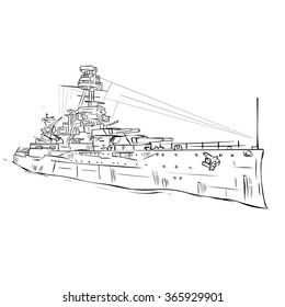 World war 2 US Battleship. Hand drawn vector illustration.