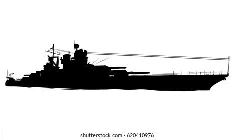 World War 2 US Battleship. Hand Drawn Vector Illustration.