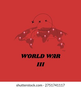 World war 3, Flat vector illustration of a globe with nuclear explosions and ballistic missiles, representing global crisis and destruction.