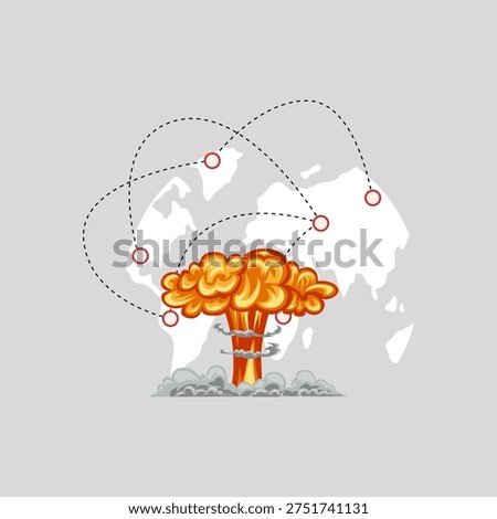World war 3, Flat vector illustration of a globe with nuclear explosions and ballistic missiles, representing global crisis and destruction.
