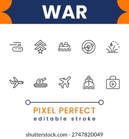 World war 3 icon set with global conflict symbols, military weapons and nuclear crisis elements modern flat vector collection