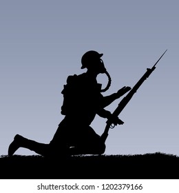 World War British Empire Or US Soldier With A Gas Mask Silhouette. 1916 - 1918 Uniform. Original Illustration. (Soldier Layer Separate From Ground In Vector)