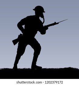 World War British Empire Or US Soldier With A Gas Mask Silhouette. 1916 - 1918 Uniform. Original Illustration. (Soldier Layer Separate From Ground In Vector)