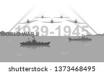 World War II 1939-1945 black and white vector illustration. Battlefield scene monochrome icon.