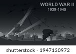 World War II 1939-1945 black and white vector illustration. Night battlefield scene monochrome icon.