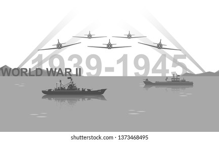World War II 1939-1945 black and white vector illustration. Battlefield scene monochrome icon.