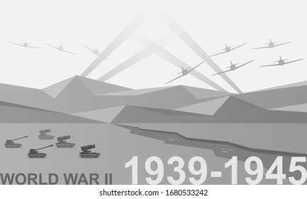 World War II 1939-1945 Black And White Vector Illustration. Battlefield Scene Monochrome Icon.