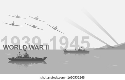 World War II 1939-1945 Black And White Vector Illustration. Battlefield Scene Monochrome Icon.