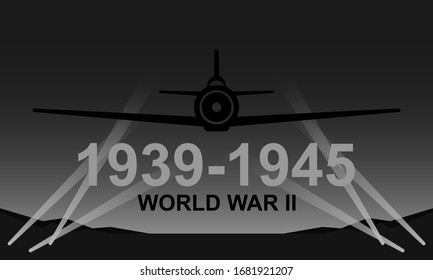 World War II 1939-1945 Black And White Vector Illustration. Air Force Aircraft Night Scene Monochrome Icon.