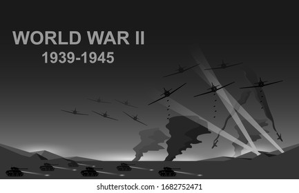 World War II 1939-1945 black and white vector illustration. Night battlefield scene monochrome icon.