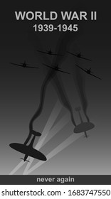 Ilustración vectorial en blanco y negro de la Segunda Guerra Mundial 1939-1945. Icono monocromo de escena nocturna de la aviación de la fuerza aérea.