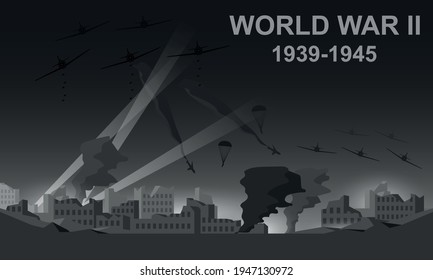 World War II 1939-1945 black and white vector illustration. Night battlefield scene monochrome icon.