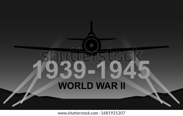 World War II 1939-1945 black and white vector illustration. Air force aircraft night scene monochrome icon.