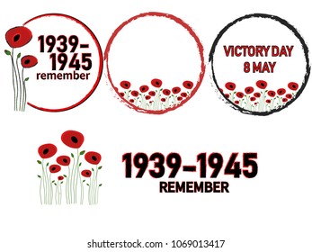 World War II commemorative symbol with dates 1939-1945, victory day, poster or banner of remembrance day of Canada with poppy flowers background, ANZAC (Australia New Zealand Army Corps) Day 