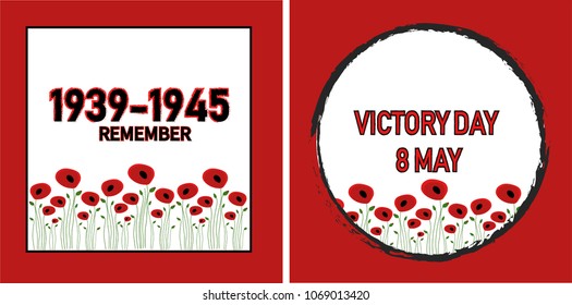 World War II commemorative symbol with dates 1939-1945, victory day, poster or banner of remembrance day of Canada with poppy flowers background, ANZAC (Australia New Zealand Army Corps) Day 