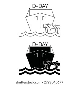 World War II D Day military landing craft vehicle ship at the harbor dock pier icon set in outline and black silhouette glyph style.Editable stroke, Vector illustration, Line art Icon, Symbols.