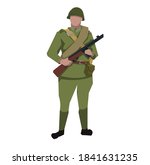 World war II, Soviet Russian soldier of the USSR. RED ARMY. Drawing vector. Submachine gunner in summer uniform of the 1943 - 1945 model. With a PPSH machine gun in his hands. Overcoat over the should