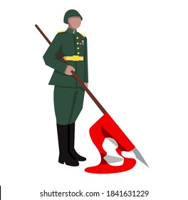 World war II, Soviet Russian soldier of the USSR. RED ARMY. Drawing vector. A man in a summer dress uniform, model 1943-1945. Standing at full height. In the hands of the flag of Germany. Victory day 