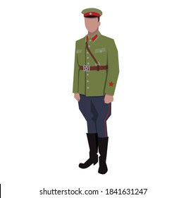 World war II, Soviet Russian officer General of the USSR. RED ARMY. Drawing vector. A man in a summer uniform, model 1941-1943. Standing at full height. At attention.