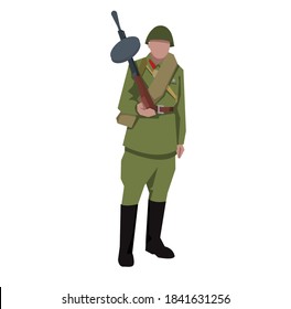 Zweiter Weltkrieg, sowjetischer russischer Soldat der UdSSR. ROTE ARMIE. Zeichnen von Vektorgrafik. Männliche schwere Infanterie in einer Uniform der Stichprobe 1941 bis 1943. Stehen auf voller Höhe. Auf der Schulter eines Maschinengewehr Degty