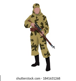Segunda guerra mundial, soldado ruso soviético francotirador de la URSS. EJÉRCITO ROJO. Vector de dibujo. Un hombre en un camuflaje estival amotinado entre 1941 y 1945. En manos de una carbina con visión telescópica. Levantar la estrella