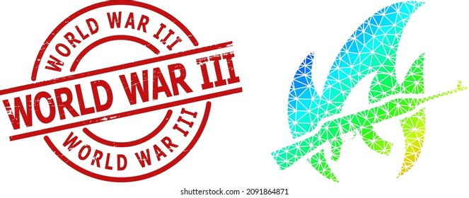 World War Iii corroded stamp print, and low-poly rainbow colored war fire icon with gradient. Red stamp has WORLD WAR III tag inside round and lines template.