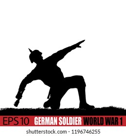 World War One German Soldier Silhouette. 19-14 - 1916 Uniform. Original Illustration. Soldier Layer Separate From Grass In Vector.