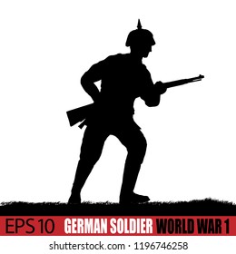 World War One German soldier silhouette. 19-14 - 1916 uniform. Original illustration. Soldier layer separate from grass in vector.