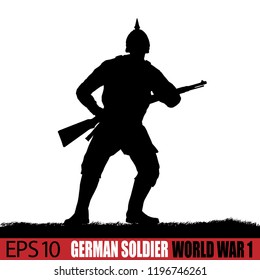 World War One German soldier silhouette. 19-14 - 1916 uniform. Original illustration. Soldier layer separate from grass in vector.