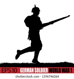 World War One German soldier silhouette. 19-14 - 1916 uniform. Original illustration. Soldier layer separate from grass in vector.