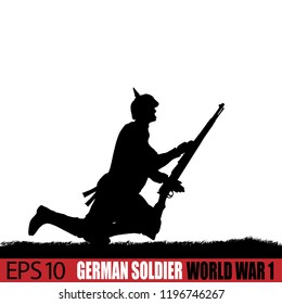 World War One German soldier silhouette. 19-14 - 1916 uniform. Original illustration. Soldier layer separate from grass in vector.