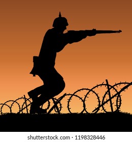 World War One German soldier  runnign forward with gun silhouette. 1914 - 1916 uniform. Original illustration. Soldier layer separate from grass in vector.