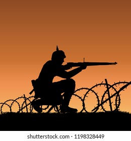 World War One German Soldier Crouching And Shooting Silhouette. 1914 - 1916 Uniform. Original Illustration. Soldier Layer Separate From Grass In Vector.