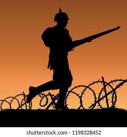 World War One German Soldier Charging Silhouette. 1914 - 1916 Uniform. Original Illustration. Soldier Layer Separate From Grass In Vector.