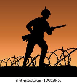 World War One German Soldier Charging Silhouette. 1914 - 1916 Uniform. Original Illustration. Soldier Layer Separate From Grass In Vector.