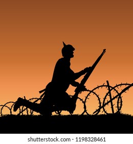 World War One German soldier wounded in battle silhouette. 1914 - 1916 uniform. Original illustration. Soldier layer separate from grass in vector.