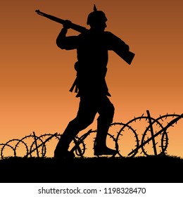 World War One German soldier running with gun silhouette. 1914 - 1916 uniform. Original illustration. Soldier layer separate from grass in vector.