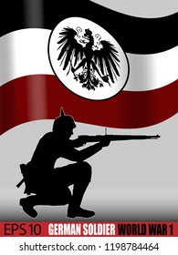 World War One German soldier with gun. Silhouette against a German Empire styled flag. 1914 - 1916 era uniform. Original illustration.