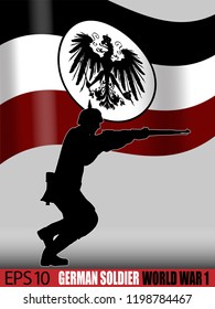World War One German soldier with gun. Silhouette against a German Empire styled flag. 1914 - 1916 era uniform. Original illustration.