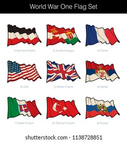 World War One Waving Flag Set. The set includes the flags USA, Serbia, Russia and of the German, Austria-Hungary, Italian, Ottoman and British Empires. Vector Icons. Sepia overlay on a separate layer