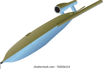 A World War Two German Flying Bomb in Olive Green and Blue Camouflage Colours diving at a target isolated on white