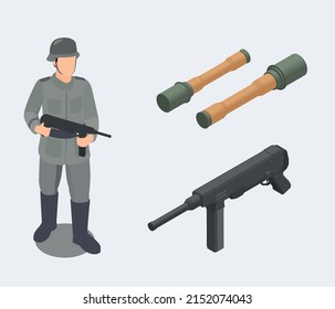 Segundo soldado de la guerra mundial con ilustración vectorial isométrica de rifa de asalto