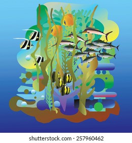 World water- algae, corals, marine animals and fish.