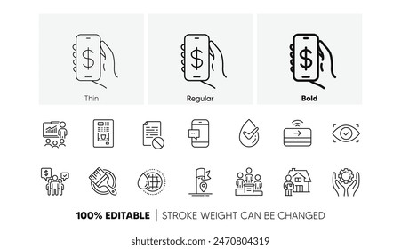 El agua del mundo, ojo biométrico y App de dinero iconos de línea. Pack of Delivery man, Archivo incorrecto, icono de presentación. Cafetería, Podio de negocios, Pictograma de mano de empleado. Cepillo. Iconos de línea. Vector