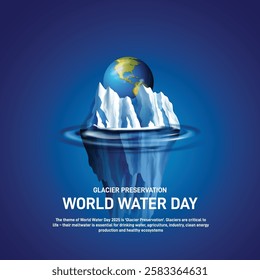 world water day 2025. world water day creative banner, poster, social media post, postcard, background, backdrop, template, greetings card, cover, web banner design etc. Glacier Preservation.